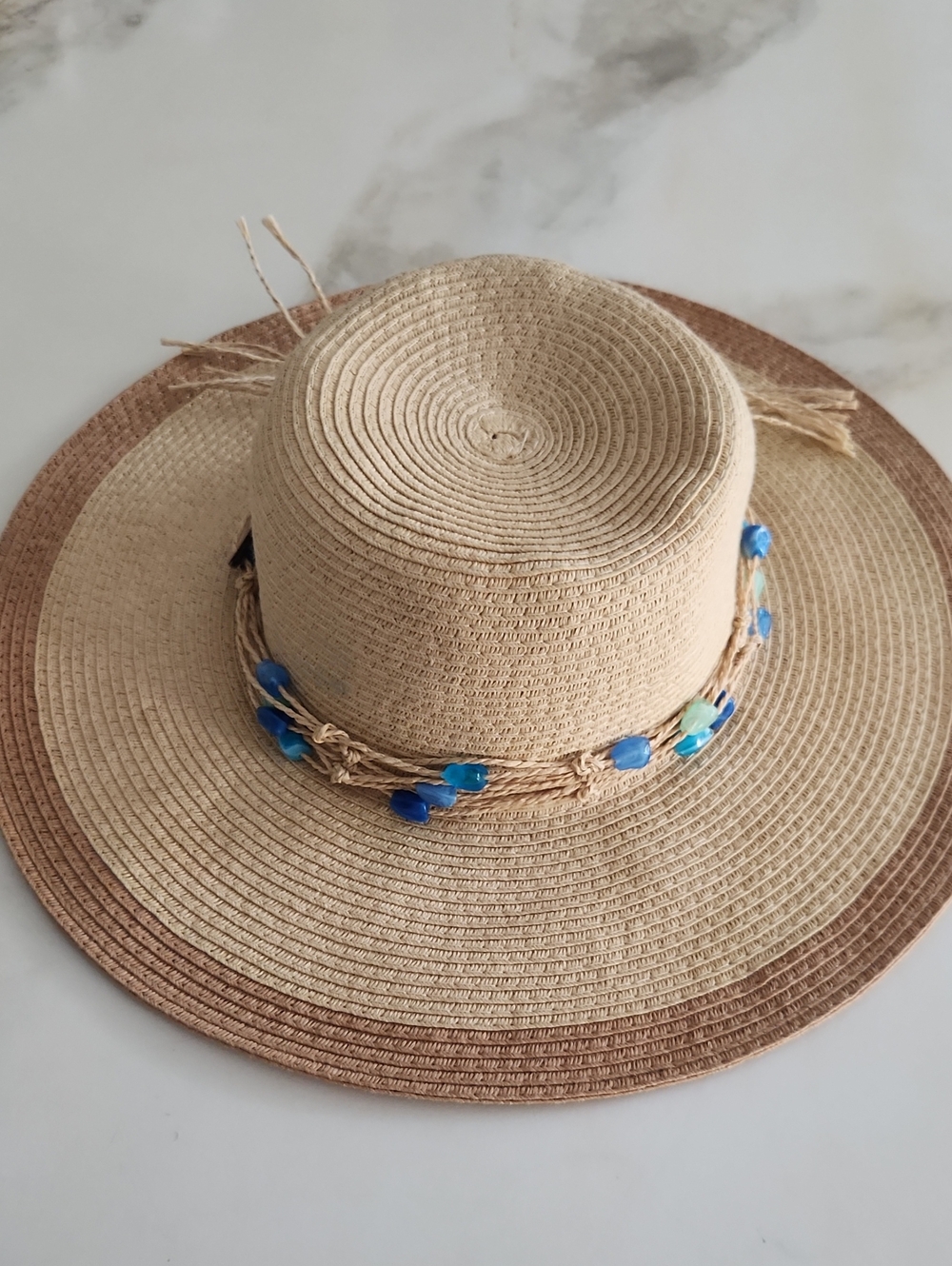 Panama Jack Natural Straw Sun Hat with Blue Bead Trim